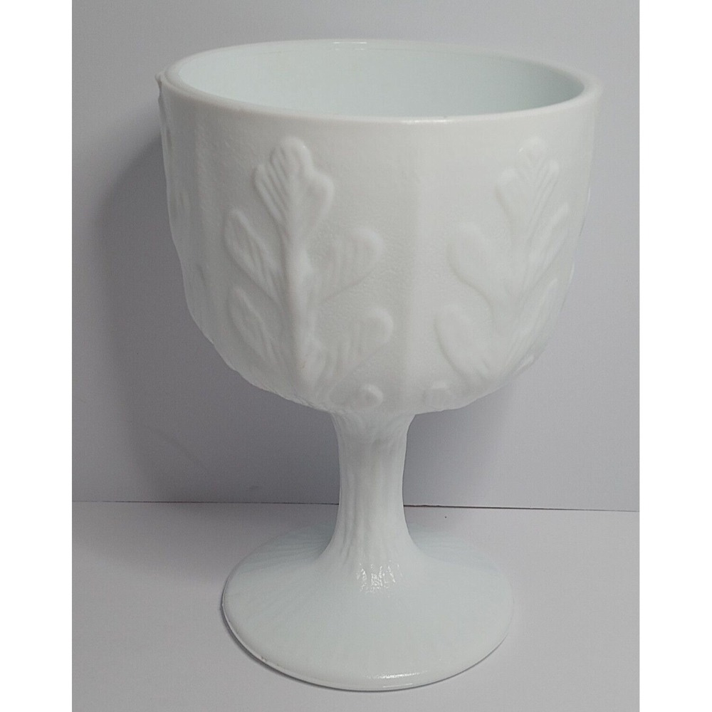 Vintage 1975 FTD Milk Glass Goblet Oak Leaf Pattern Pedestal Vase 6" Tall